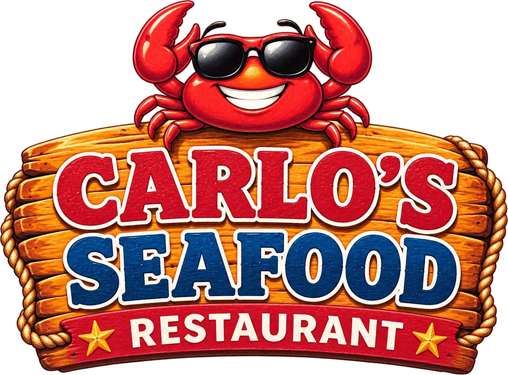 Carlo's Seafood Restaurant logo: a smiling red crab in sunglasses on a wooden sign